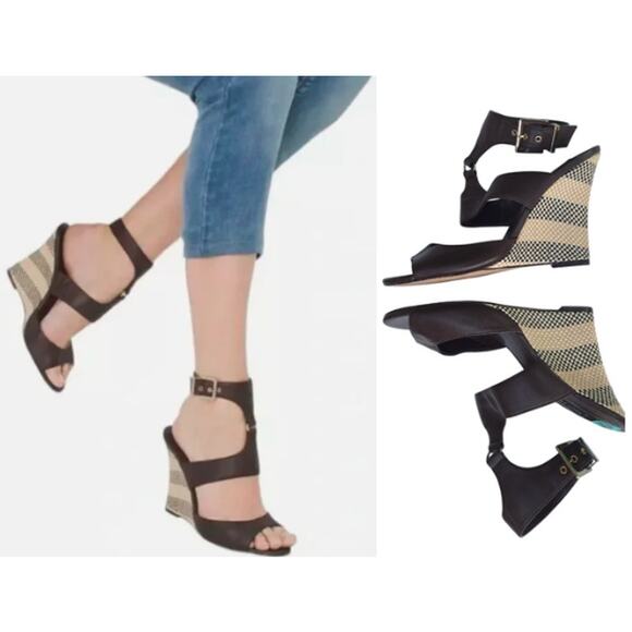 WHITE HOUSE BLACK MARKET Alianna Buckle Wedge Ankle Strap Heeled Sandals Brown 8 - Picture 1 of 10